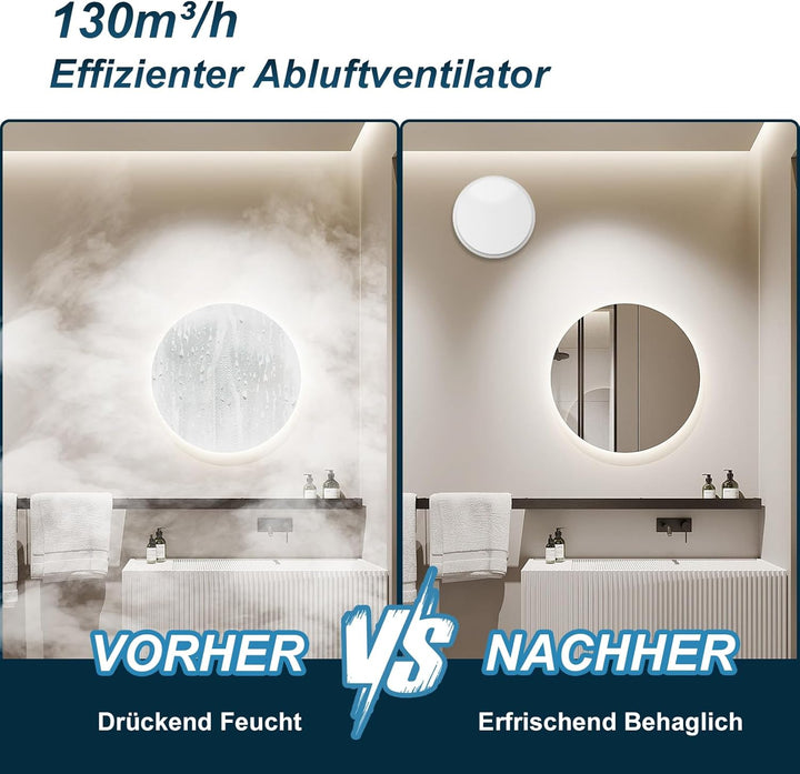 SBONNI Badlüfter 100mm, 12W Leiser Abluftventilator, 130m³/h Starker Lüftung Wandventilator, Geräusc