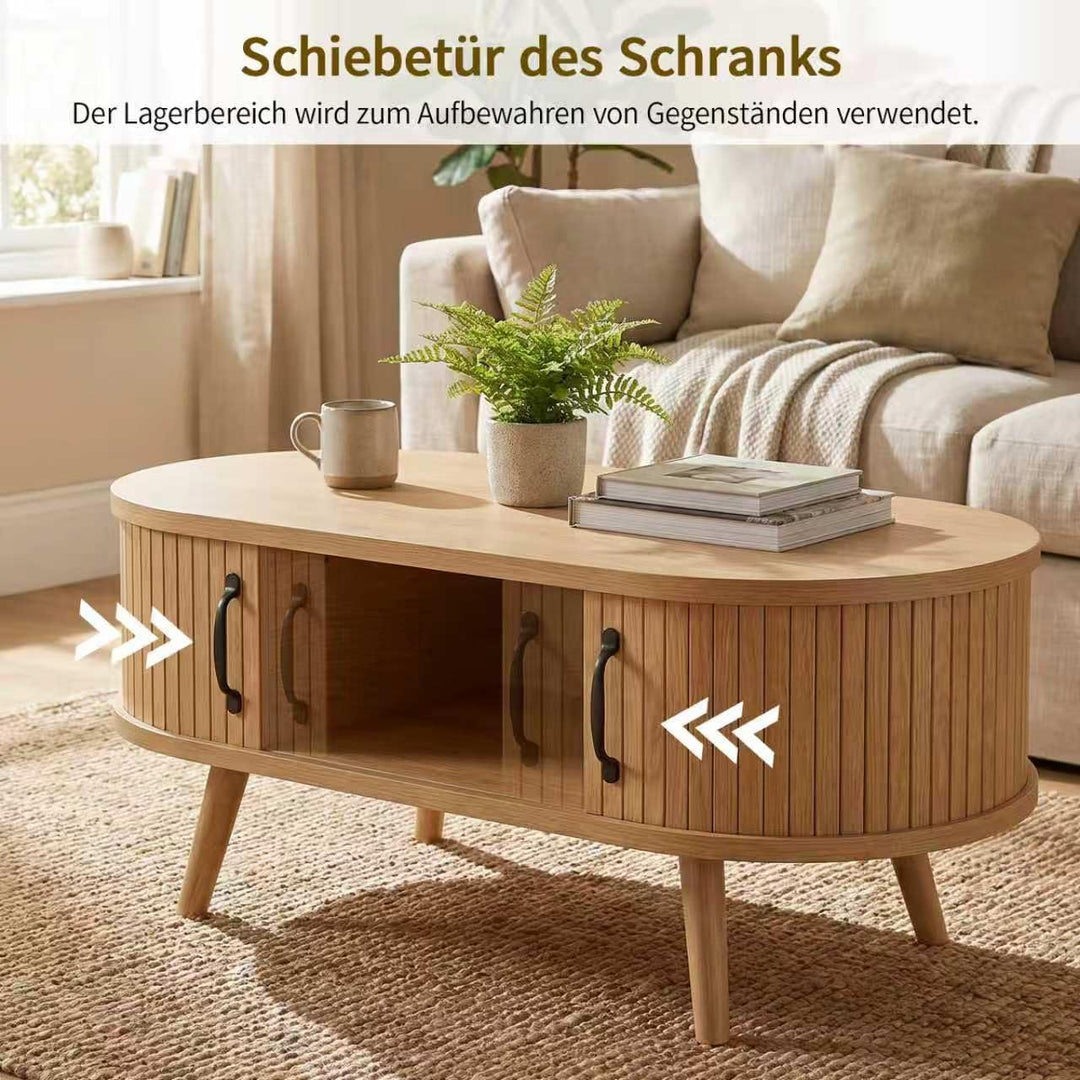 Ovaler Couchtisch Holz mit Stauraum, Moderner Wohnzimmertisch mit geriffelten Fronten, Skandinavisch