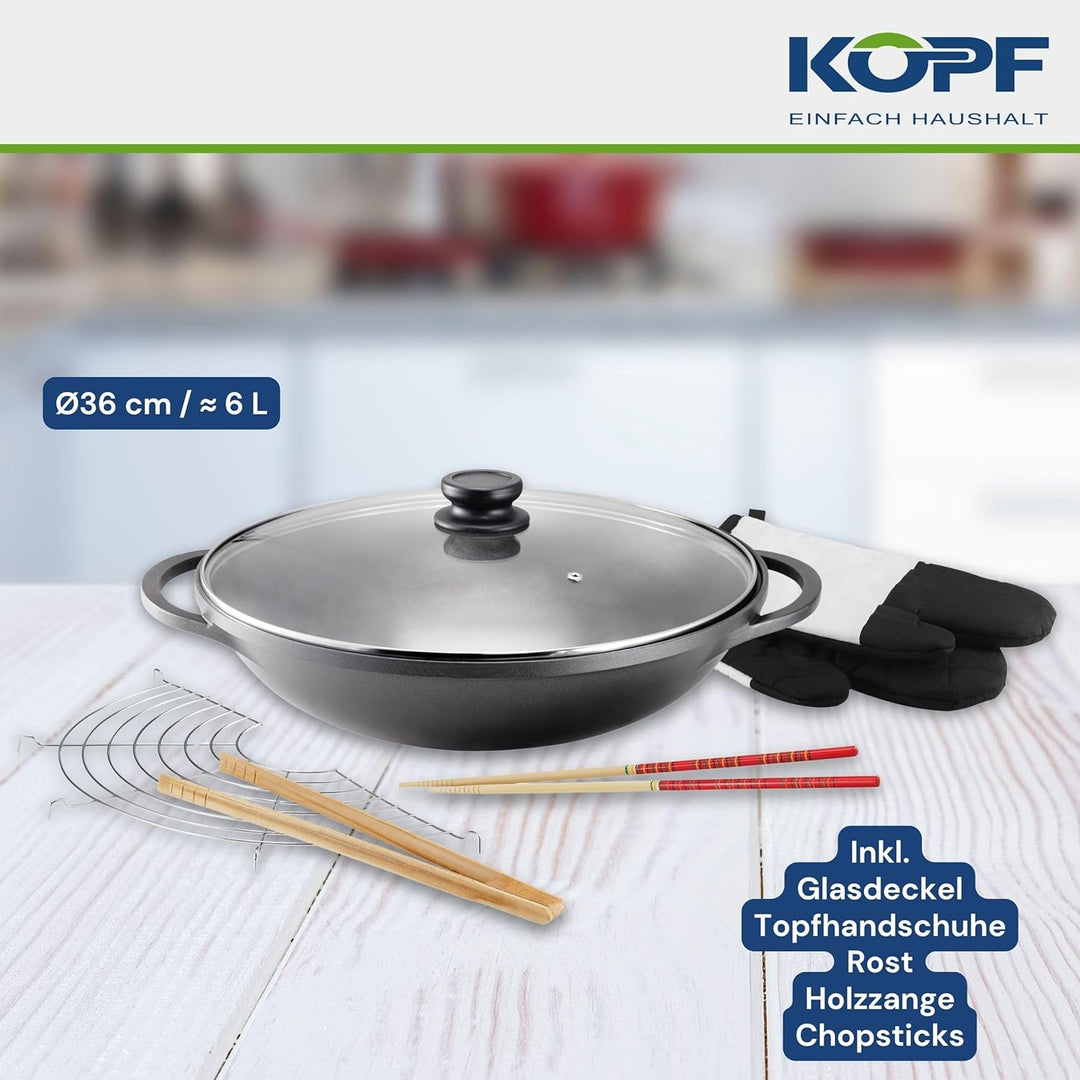 Kopf Wok Mai-Lu (Aluguss, Ø 36 cm, Induktion, ILAG Antihaftbeschichtung, inkl. Glasdeckel und Zubehö