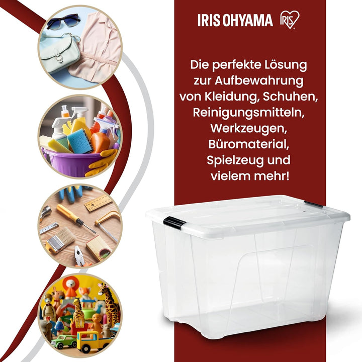 Iris Ohyama, 2er-Set, Aufbewahrungsboxen, 60 L, mit Clips, stapelbar, Wohnzimmer, Schlafzimmer, Gara