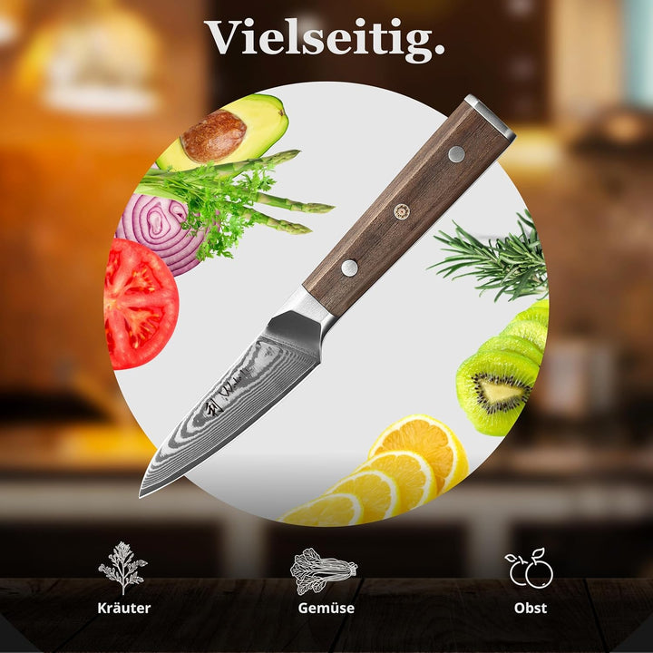 Wakoli Damast Küchenmesser Gemüsemesser mit 8 cm Klinge aus 67 Lagen Damaststahl und VG10 Kern, Waln