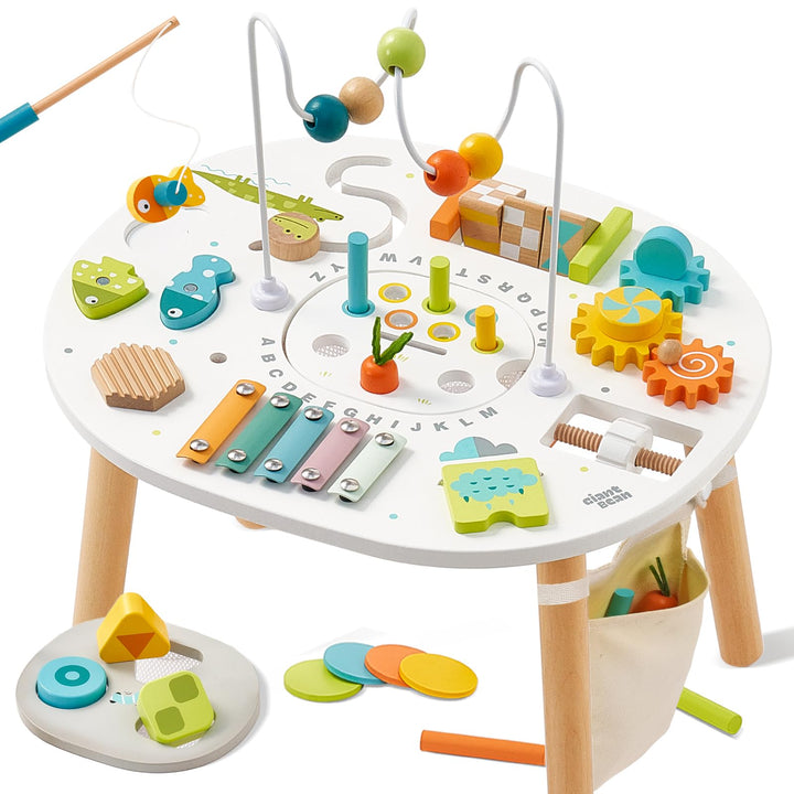 Giant bean Holz Aktivitätstisch für Kinder 1+, 11-in-1 Activity Tisch mit Lern und Motorik Spielzeug