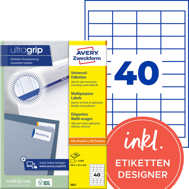 AVERY Zweckform 3657 Universal Etiketten (4.000 Klebeetiketten, 48,5x25,4mm auf A4, Papier matt, ind