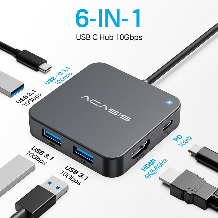 USB C Hub 10Gbps, Multiport-Adapter mit 4K60 HDMI, 100 W Leistungsabgabe, 3 USB A 3.1, Datenanschlus