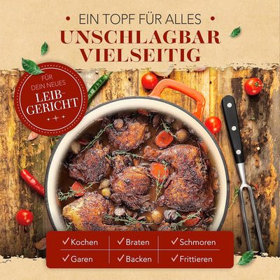 KRUSTENZAUBER Gusseisen Topf [inkl. Fleischgabel] - Hochwertiger 26cm Schmortopf backofengeeignet -