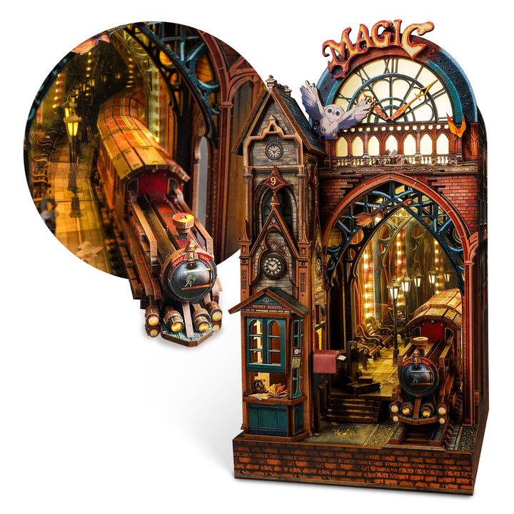 FUNPOLA LED 3D Puzzle Magische Station Book Nook Kit - Interaktives 3D Holzpuzzle LED Magische Minia