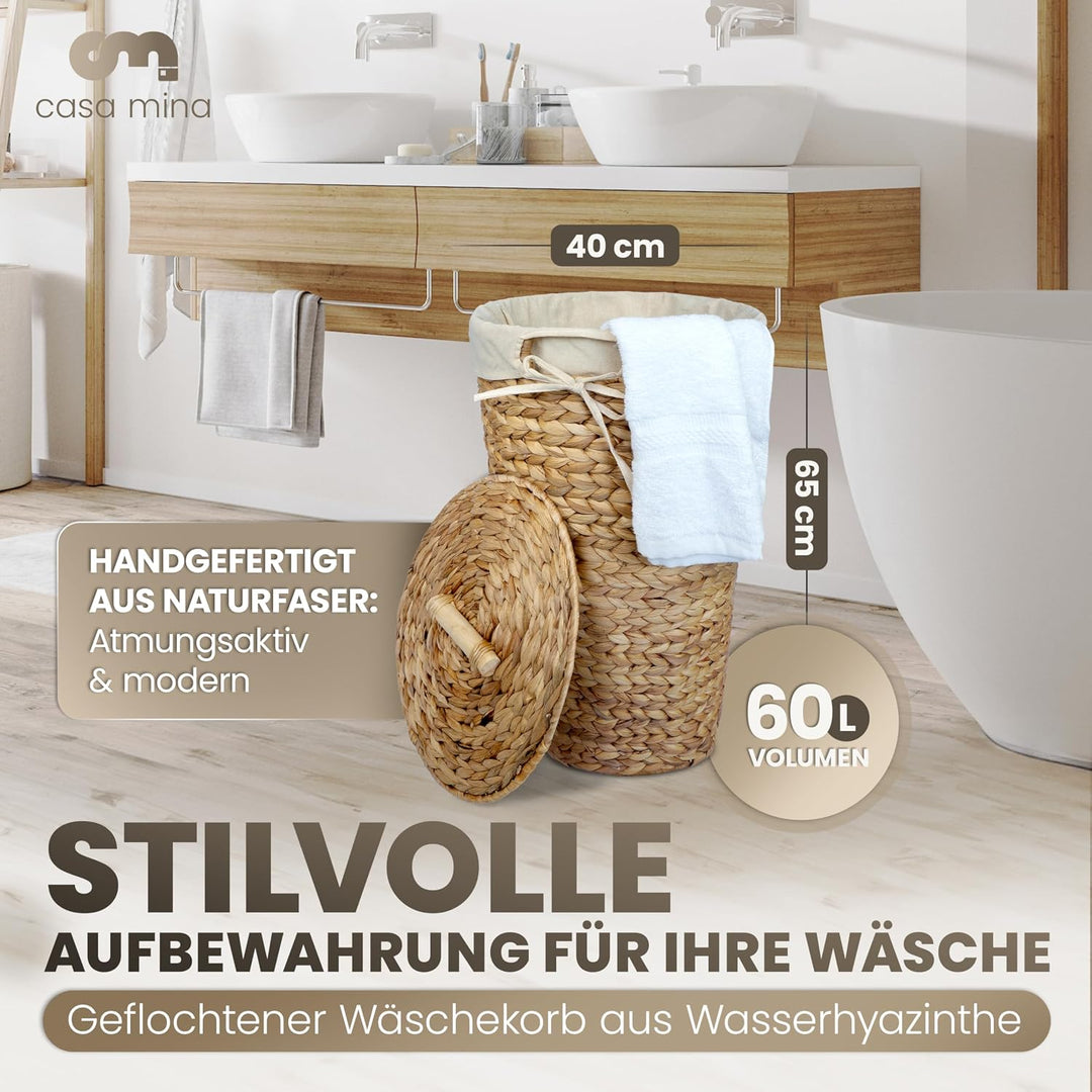 Casa Mina® Wäschekorb mit Deckel D40 x H65cm hoch I Atmungsaktiver Wäschekorb geflochten aus 100% Na