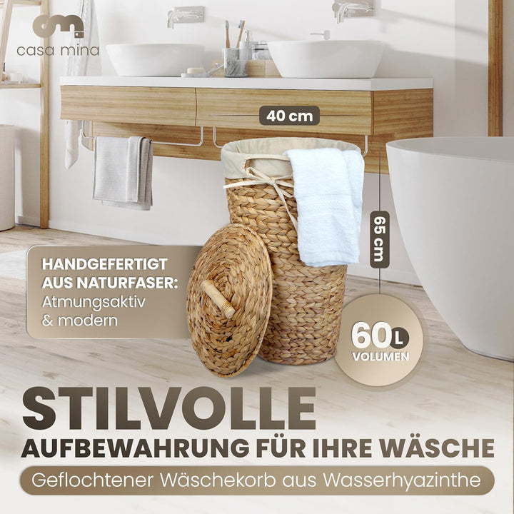 Casa Mina® Wäschekorb mit Deckel D40 x H65cm hoch I Atmungsaktiver Wäschekorb geflochten aus 100% Na
