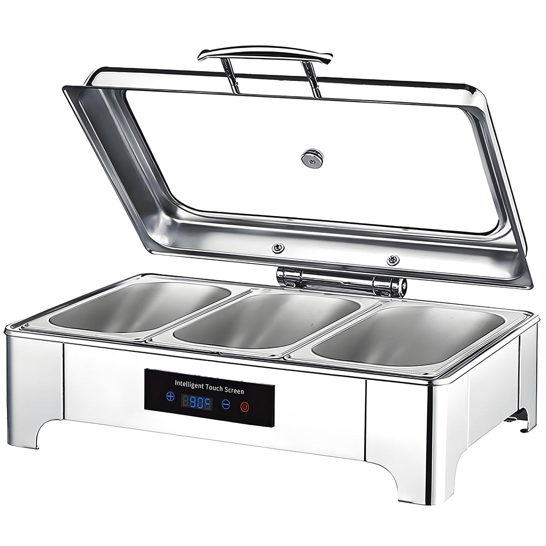 Chafing Dish Elektrisch, Edelstahl Speisewärmer Buffetwärmer 9L mit Sichtbarem Glasdeckel, Einstellb