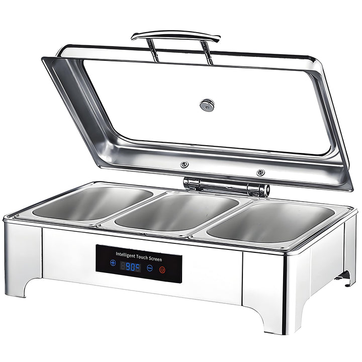 Chafing Dish Elektrisch, Edelstahl Speisewärmer Buffetwärmer 9L mit Sichtbarem Glasdeckel, Einstellb