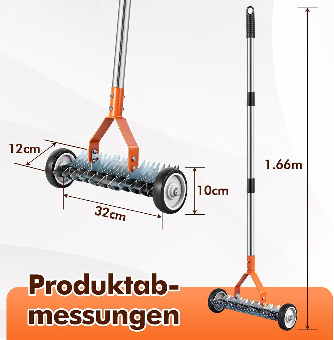 Rasen Rakel,166 cm Handvertikutierer,Gartenrechen Verstellbar,Rasenlüfter mit Rädern,zum Entfernen v