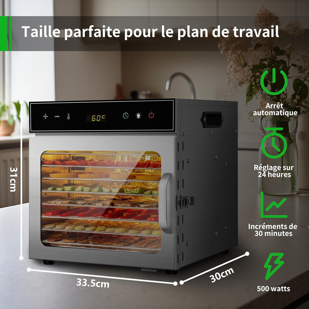 Dörrautomat Edelstahl mit Rezeptheft 8 Etagen, oiyocemo 500W Edelstahl Lebensmittel Dehydrator mit 3