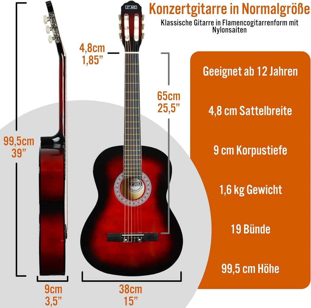 3rd Avenue 4/4 Flamencogitarren-Starterset in Normalgrösse mit Nylonsaiten – mit Tasche, Saiten – in