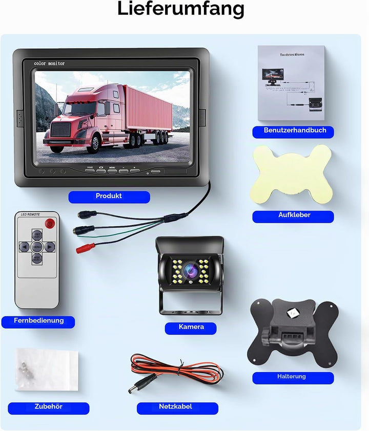 Podofo Rückfahrkamera Set Kabel 10M mit 7 Zoll TFT LCD Monitor Kit Einparkhilfe Wasserdicht IP69 Rüc