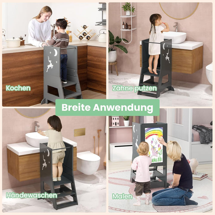 COSTWAY Lernturm kinder, 2 in 1 Tritthocker montessori mit 3 verstellbare Höhen & doppelseitiger Taf