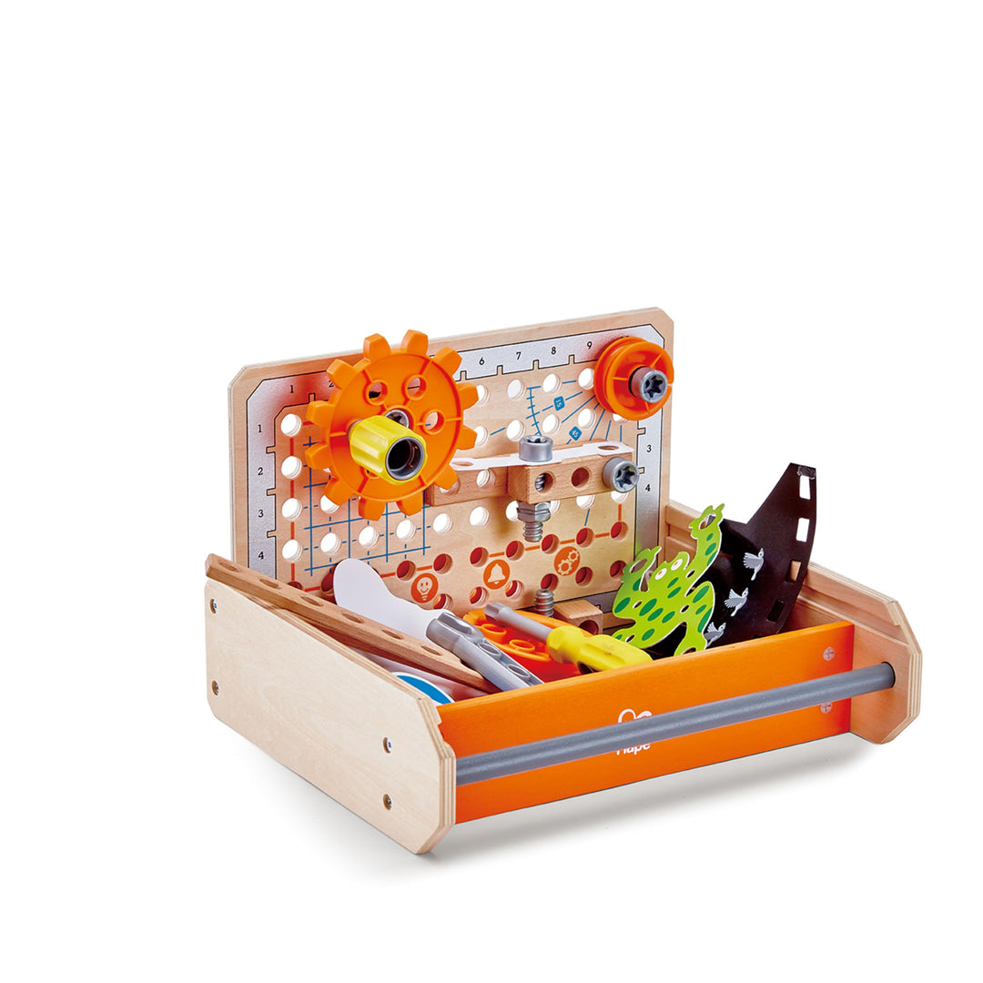 Hape Junior Inventor Tüftler Werkzeugkasten Experimentierset, Mint-Spielzeug, ab 4 Jahre 30 x 8,7 x