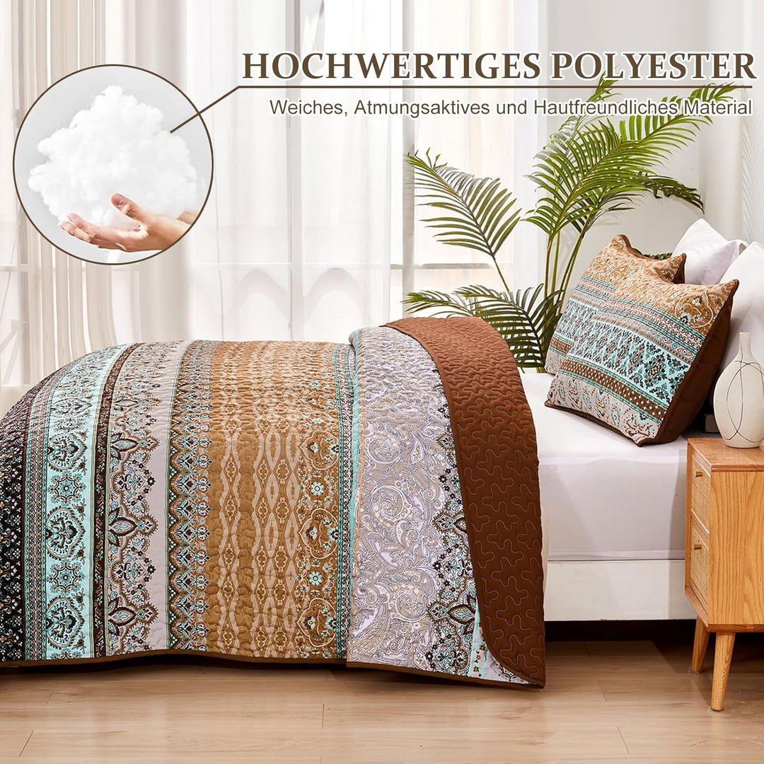 WONGS BEDDING Tagesdecke 220x240 Bettüberwurf Boho Decke Steppdecke 3 Teilig Doppelbett Gesteppt Bet