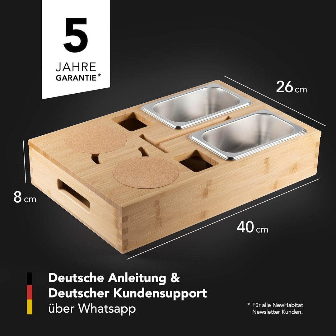NewHabitat Couchbar Snackbox aus Bambus Personalisierbar inkl. Geschenkbox | Sofa Tablett mit 2 Snac