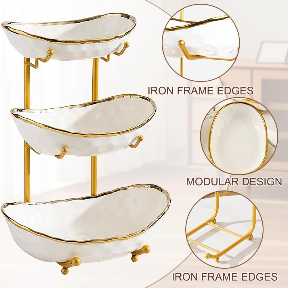 3-Schicht Obstschale Keramik mit Metallgestell, Obstschale Etagere, Elegante Etagere zum Servieren v