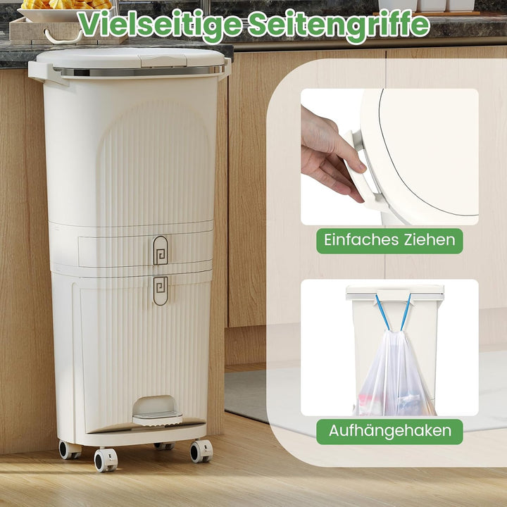 COSTWAY Mülleimer Küche, Mülltrennsystem 3 Fächer, 2 x 12L Inneneimer & 14L Treteimer, Abfalleimer m