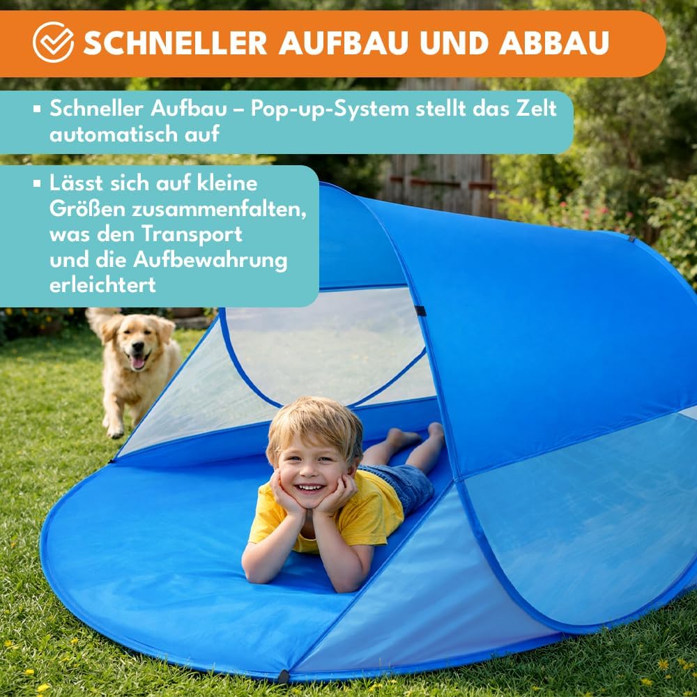 KRUMAD Strandmuschel Pop Up 200 x 120 x 85 cm, Grosses Strandzelt für Baby und Erwachsene, Selbstauf