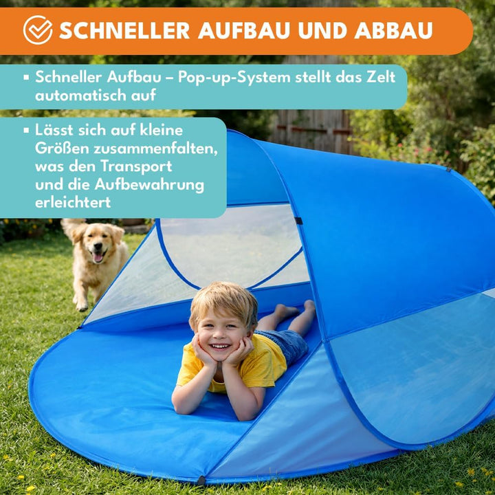 KRUMAD Strandmuschel Pop Up 200 x 120 x 85 cm, Grosses Strandzelt für Baby und Erwachsene, Selbstauf