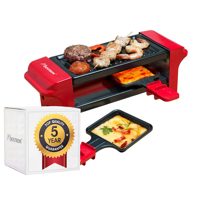 Bestron Raclette für 1 bis 2 Personen, Mini Tischgrill mit zwei Pfännchen und zwei Holzschabern, 350