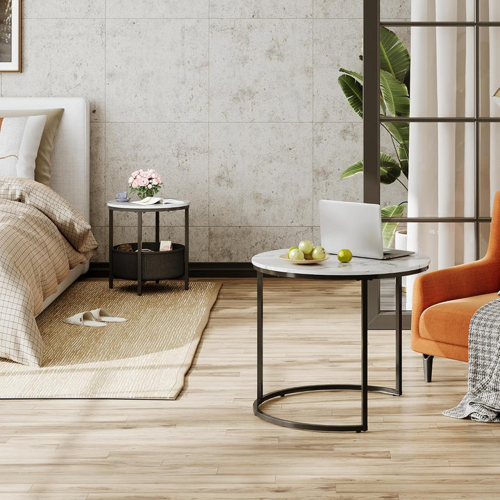 WLIVE Runder Couchtisch Weiss, Wohnzimmer Tisch für Couch mit Stauraum, Beistelltisch mit Metallrahm