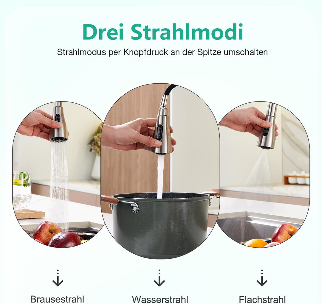 CREA Wasserhahn Armatur Küche Ausziehbar, Küchenarmatur mit Brause 3 Wasserstrahlarten, Hochdruck Ei