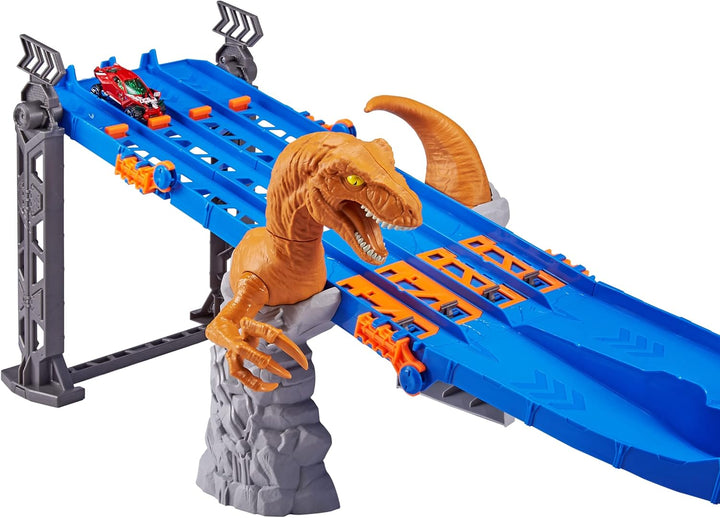 Metal Machines 4-Tracks Dinosaurier Raptor Attack Spielset mit Mini-Rennwagen
