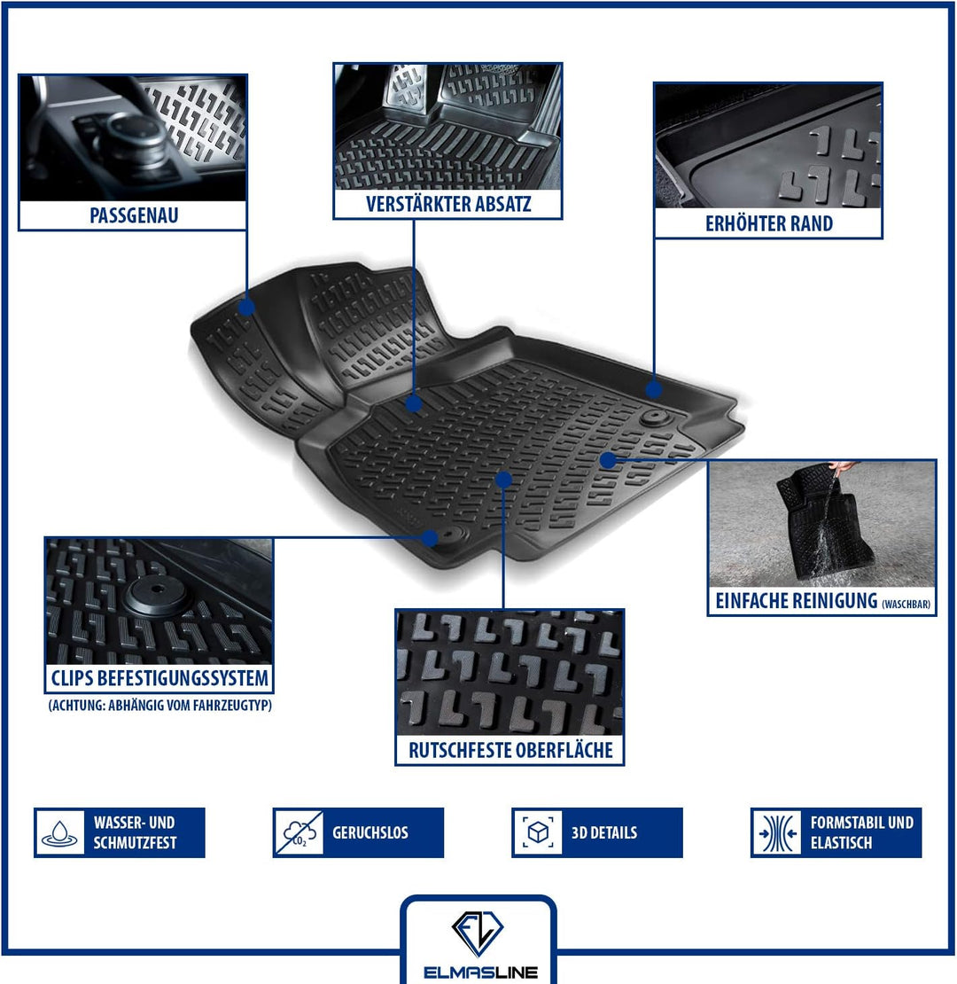 Elmasline Design 3D Gummimatten Set für OPEL CORSA C Baujahr 2000-2006 | Extra hoher 5cm Rand CORSA