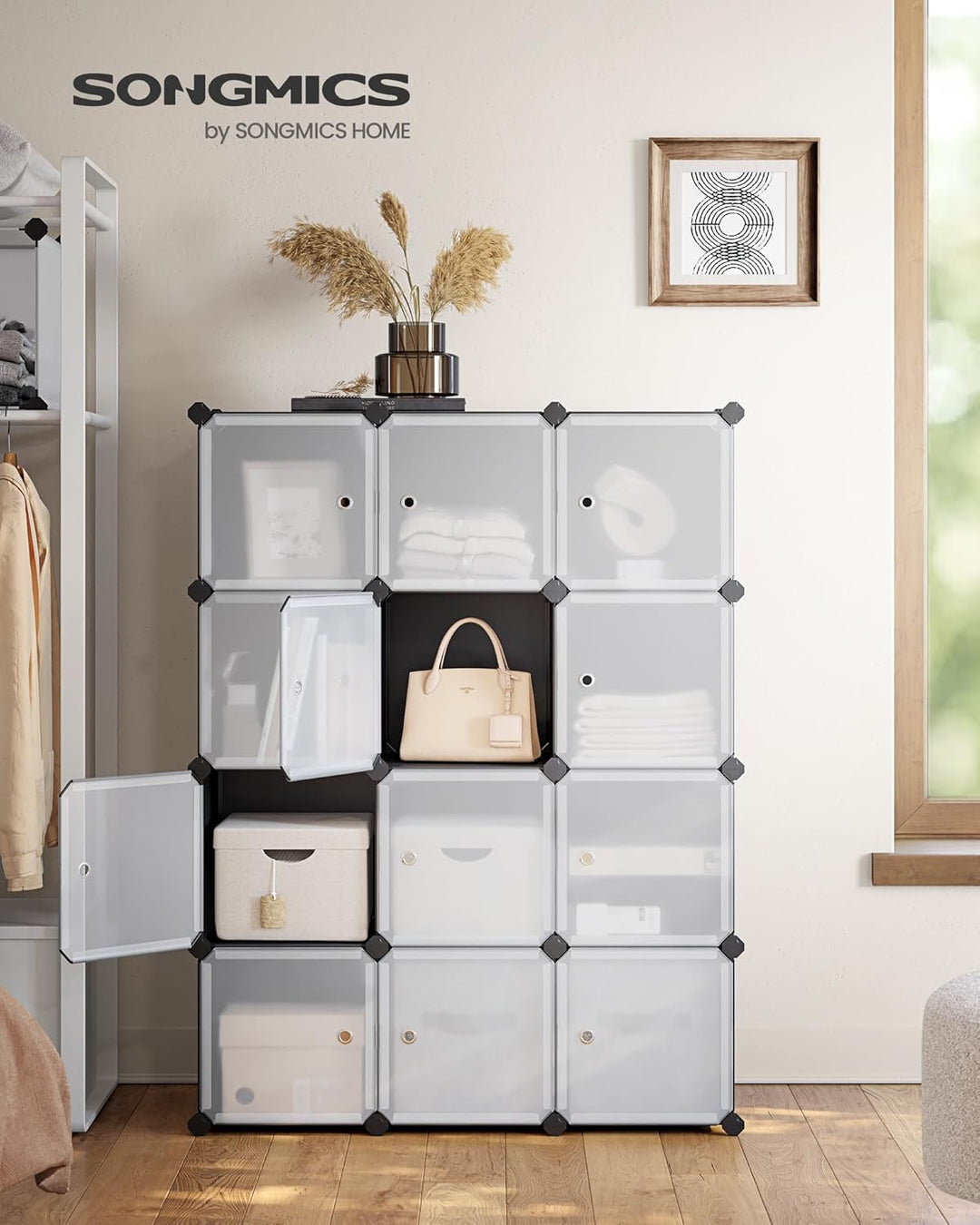 SONGMICS Regalsystem, Schuhregal, Set aus 12 Würfeln, Kleiderschrank aus Kunststoff, mit Türen, Stec