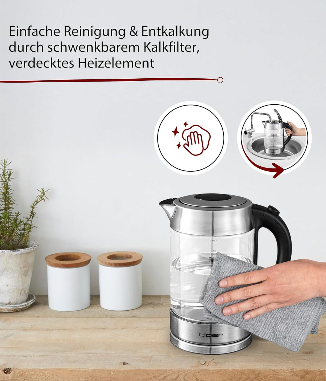 Cloer 4429 Glas Wasserkocher,Testsieger Haus und Garten 02.2019, 2200 Watt, LED-Beleuchtung, verrieg