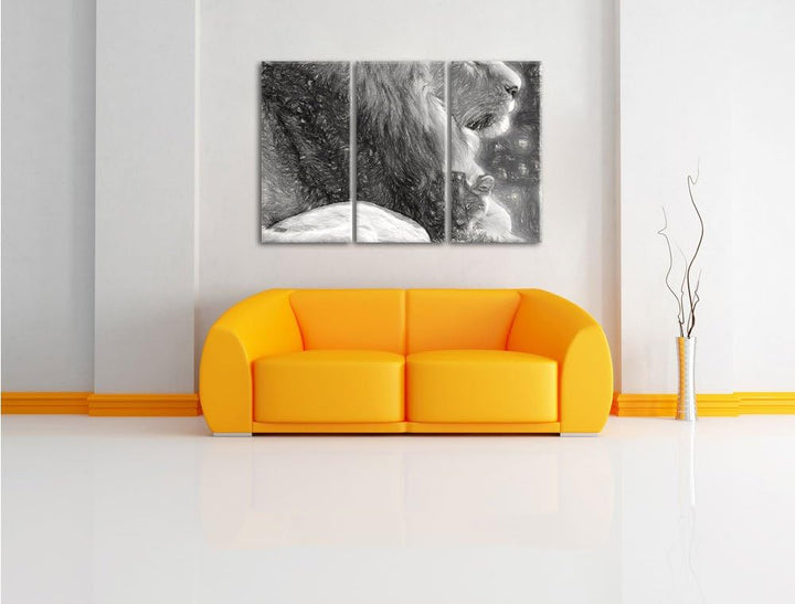Pixxprint Löwe mit Löwenbaby als Leinwandbild/Grösse: 3 Teilig (120x80) cm/Wandbild/Kunstdruck/ferti