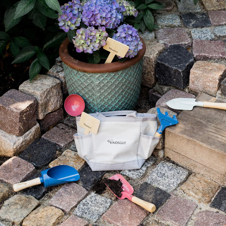 Kindsgut Gartenset, Gartengeräte für Kinder aus hochwertigem Holz und Metall in Einer Tasche, Schlic