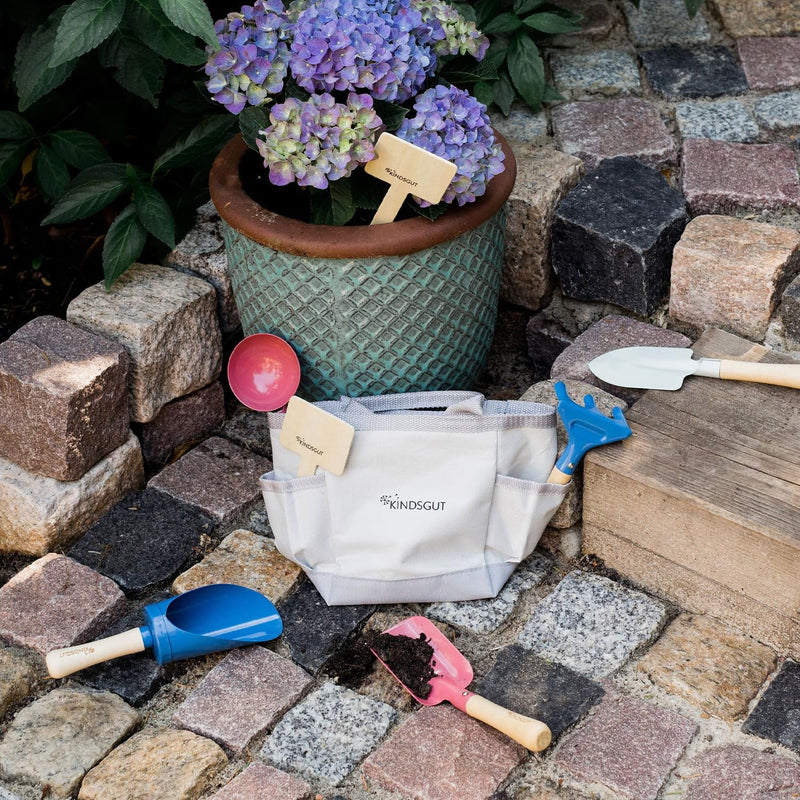 Kindsgut Gartenset, Gartengeräte für Kinder aus hochwertigem Holz und Metall in Einer Tasche, Schlic