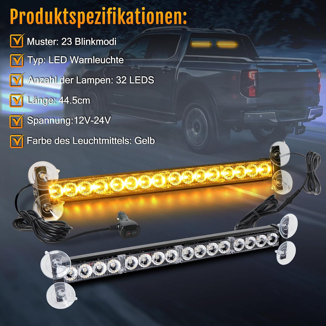 ROUTEKING 12V/24V Warnleuchte 32 LED Frontblitzer - 23 Modi Blitzleuchte 2x42.6cm Starker Rundumleuc