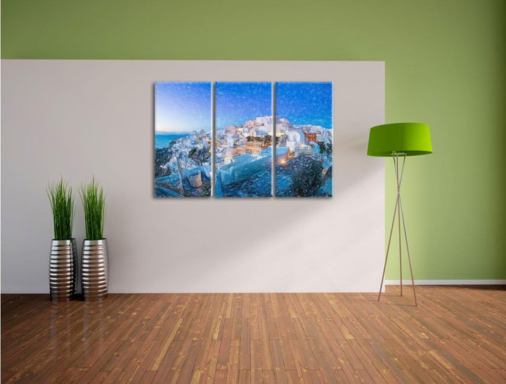 Pixxprint Oia Dorf am Sonnenuntergang Santorin Kunst Buntstift Effekt 3-Teiler Leinwandbild 120x80 B