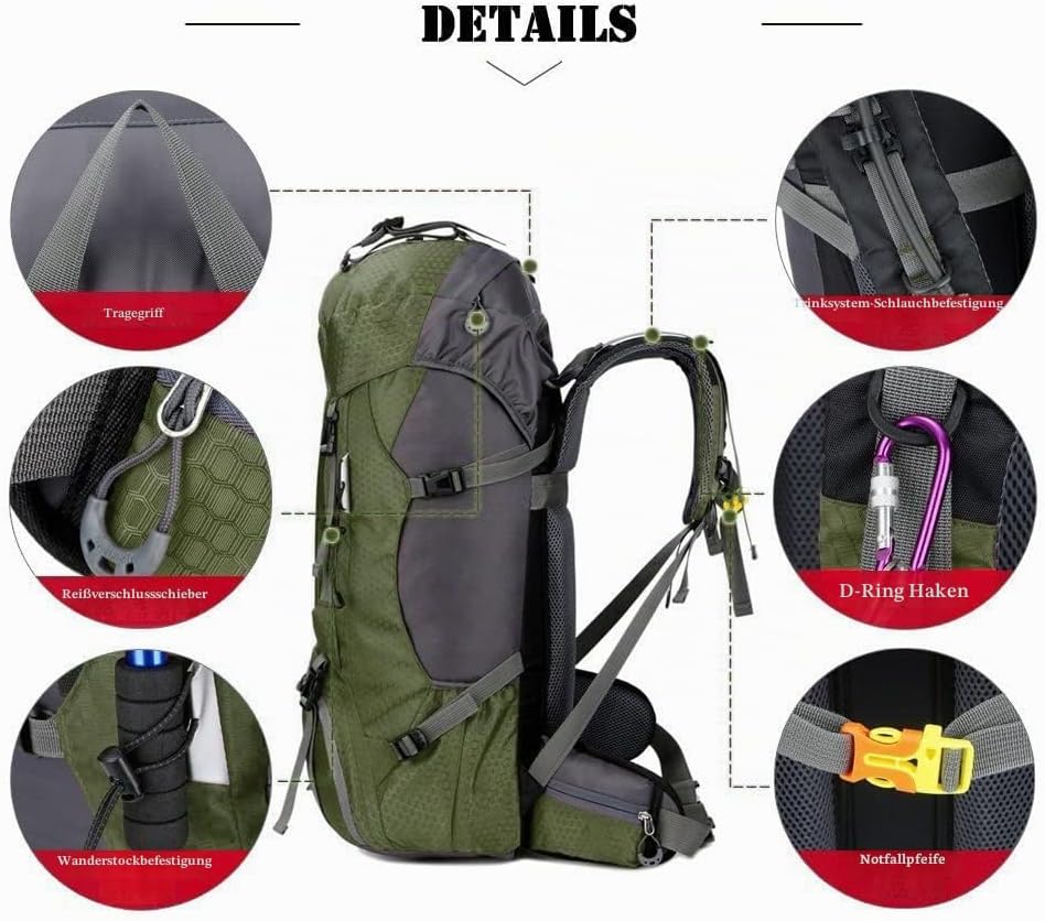 Bseash 60L Wasserdichter leichter Wanderrucksack mit Regenschutz, Outdoor Sport Tagesrucksack Multif
