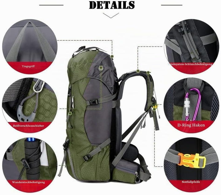 Bseash 60L Wasserdichter leichter Wanderrucksack mit Regenschutz, Outdoor Sport Tagesrucksack Multif