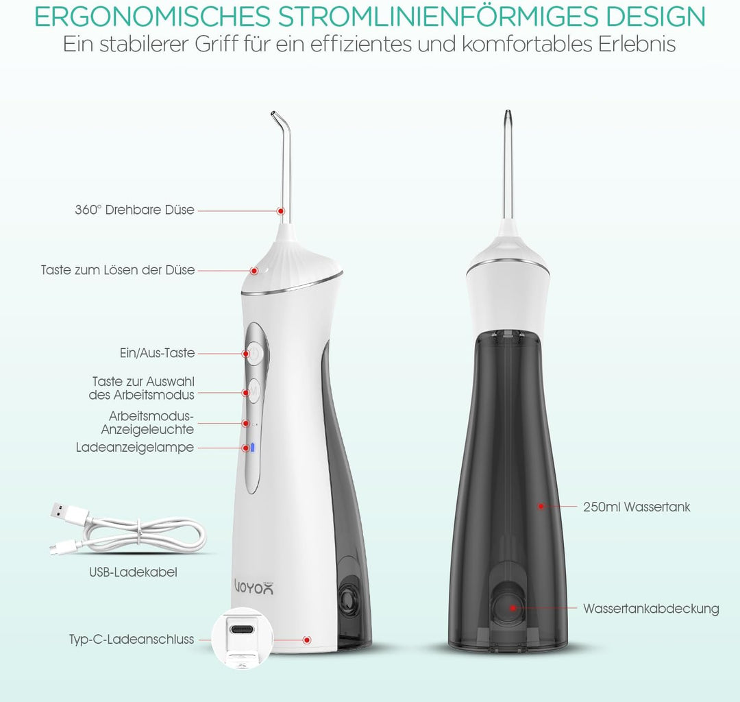 VOYOR-HEALTH Munddusche kabellos, Tragbar Water Flosser für Zähne 3 Modi &amp; 4 Düsen, Wiederaufladbar