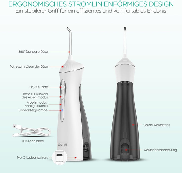 VOYOR-HEALTH Munddusche kabellos, Tragbar Water Flosser für Zähne 3 Modi &amp; 4 Düsen, Wiederaufladbar