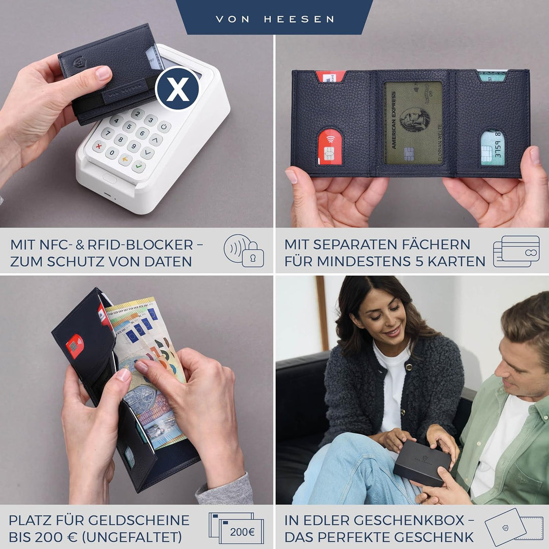 VON HEESEN Slim Wallet mit XL Münzfach & RFID-Schutz - Leder Geldbeutel - Mini Geldbörse für Herren