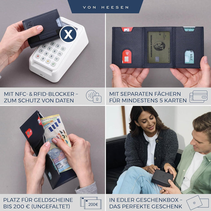 VON HEESEN Slim Wallet mit XL Münzfach & RFID-Schutz - Leder Geldbeutel - Mini Geldbörse für Herren