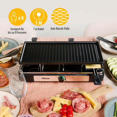 Tristar Raclette – 8 Personen – Kochfläche 42 x 23 cm – Einstellbarer Thermostat mit Lichtring – 140