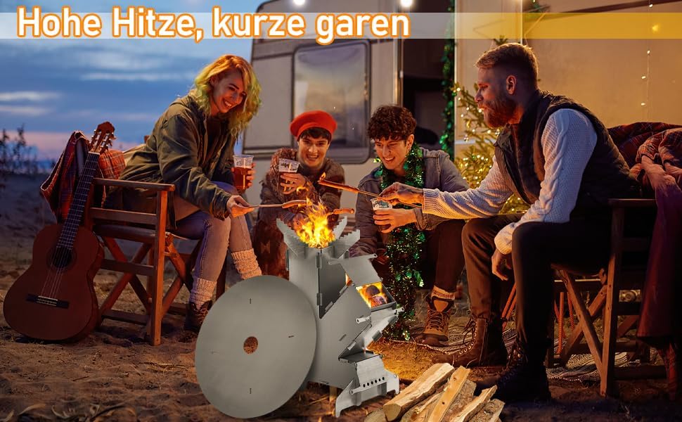 Jiubiaz Raketenofen inkl. Grillplatte Rocket Stove mit Feuerhaken und 2 zusätzlichen Standfüssen Cam