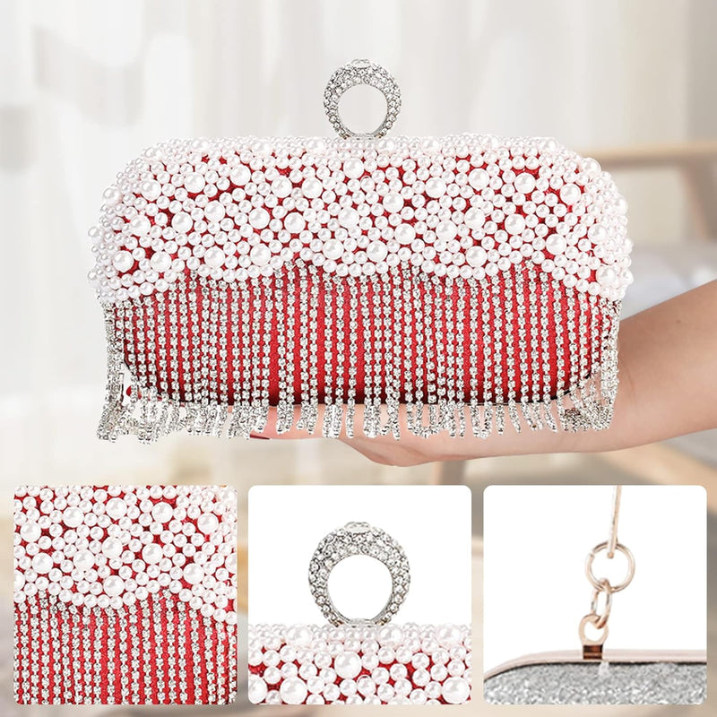 CORIOS Damen Clutch Perlen Strass Fransen Abendtasche Braut Handtasche Abnehmbarer Kette Umhängetasc