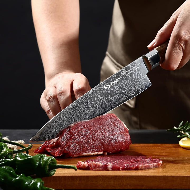 20cm Damast Küchenmesser mit Ergonomischer Blauem Harz-Holzgriff