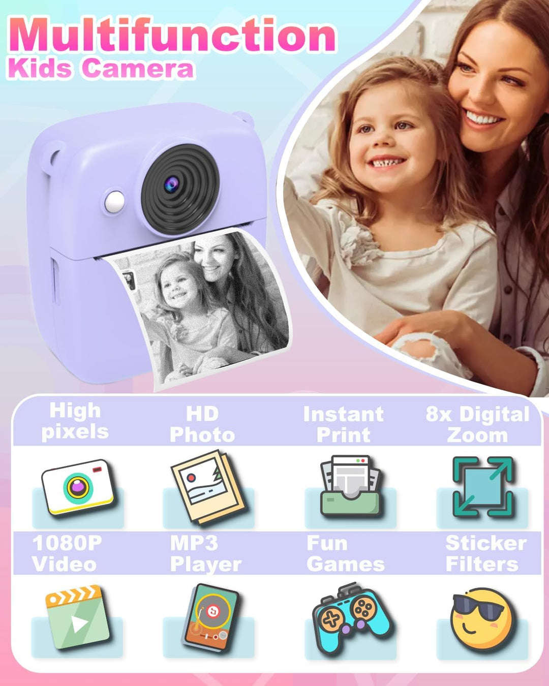 Kinderkamera mit Sofortfunktion – 8-facher Digitalzoom 2,0 Zoll (5,0 cm) Display, Digitalkamera für