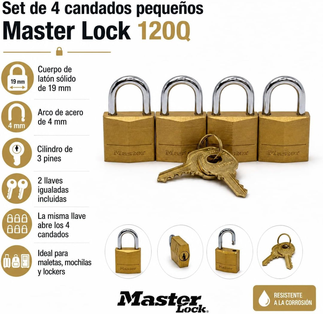 Master Lock Vorhängeschloss, massives Messing, 1,9 cm breit, 120Q (4 gleichschliessend) 4 Pack, 4 Pa